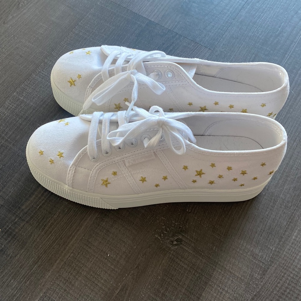 Superga Gold Star Embroidered White Platform Sneakers